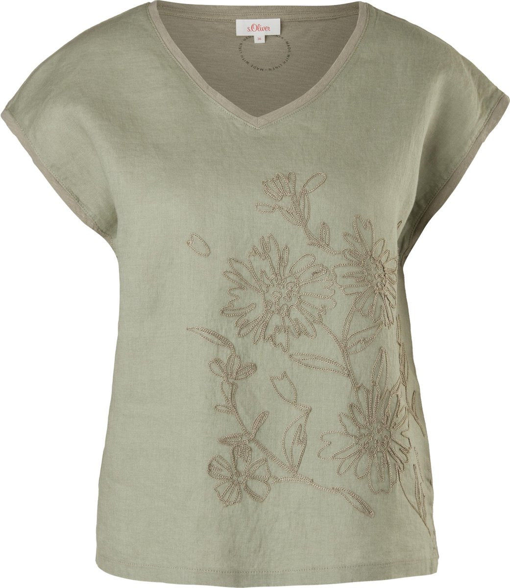 s.Oliver Dames T-shirt Dames Korte Mouwen - V Hals - Losse Pasvorm - 100% Katoen - Groen - Maat L (40)