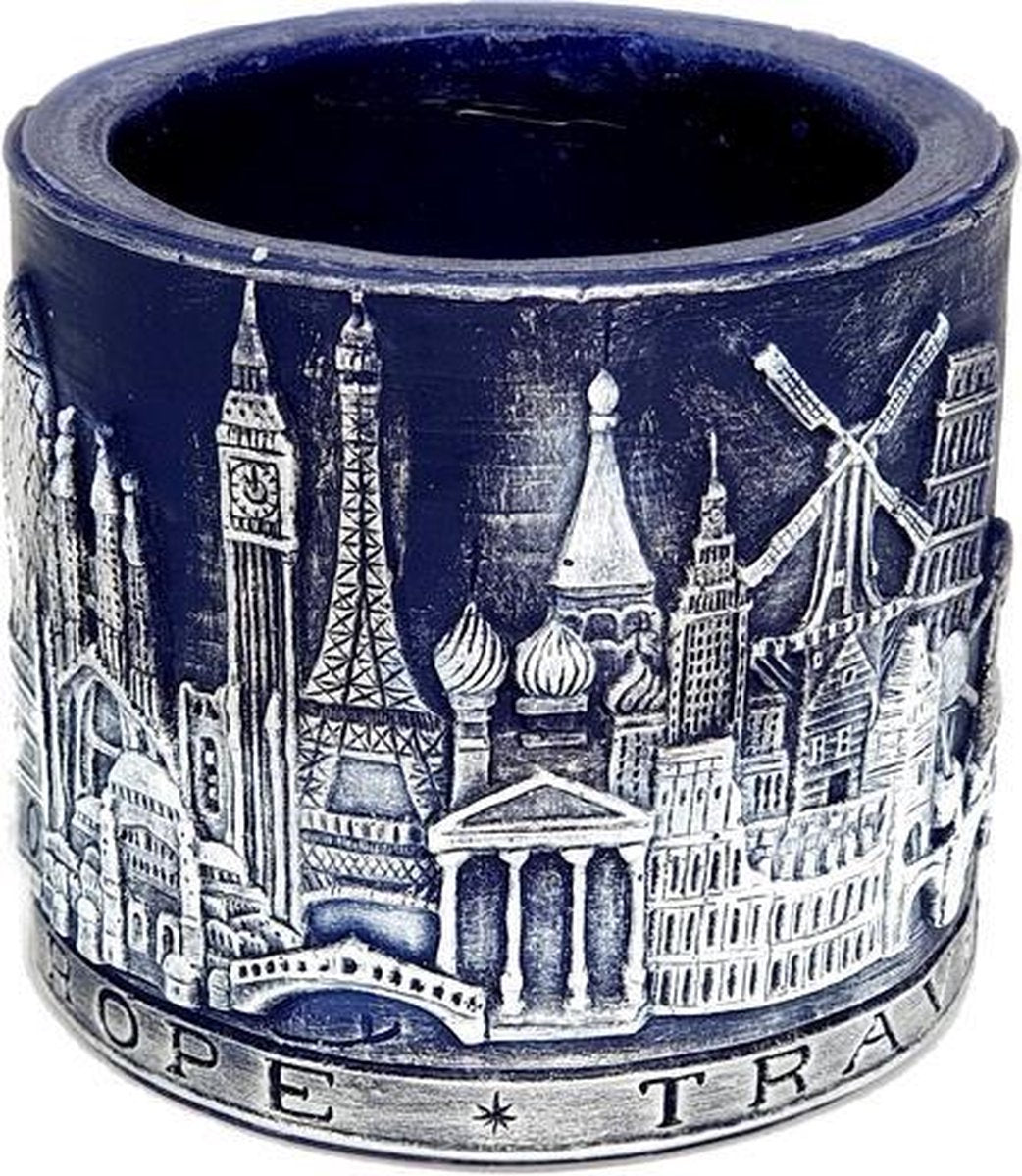 Rond blauw Europa travel wax windlicht 95/100 (incl. 1 stuk 3 uurs theelicht)