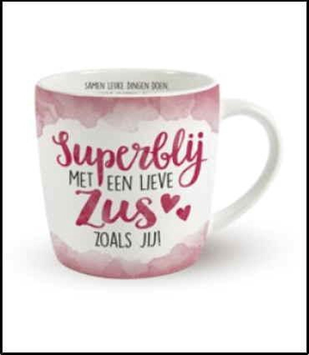 Enjoy Mok - Superblij met een lieve Zus zoals jij - Gevuld met een luxe cocktailmix - In cadeauverpakking met gekleurd lint - GRATIS: zijden lint met de tekst: "Speciaal voor jou"