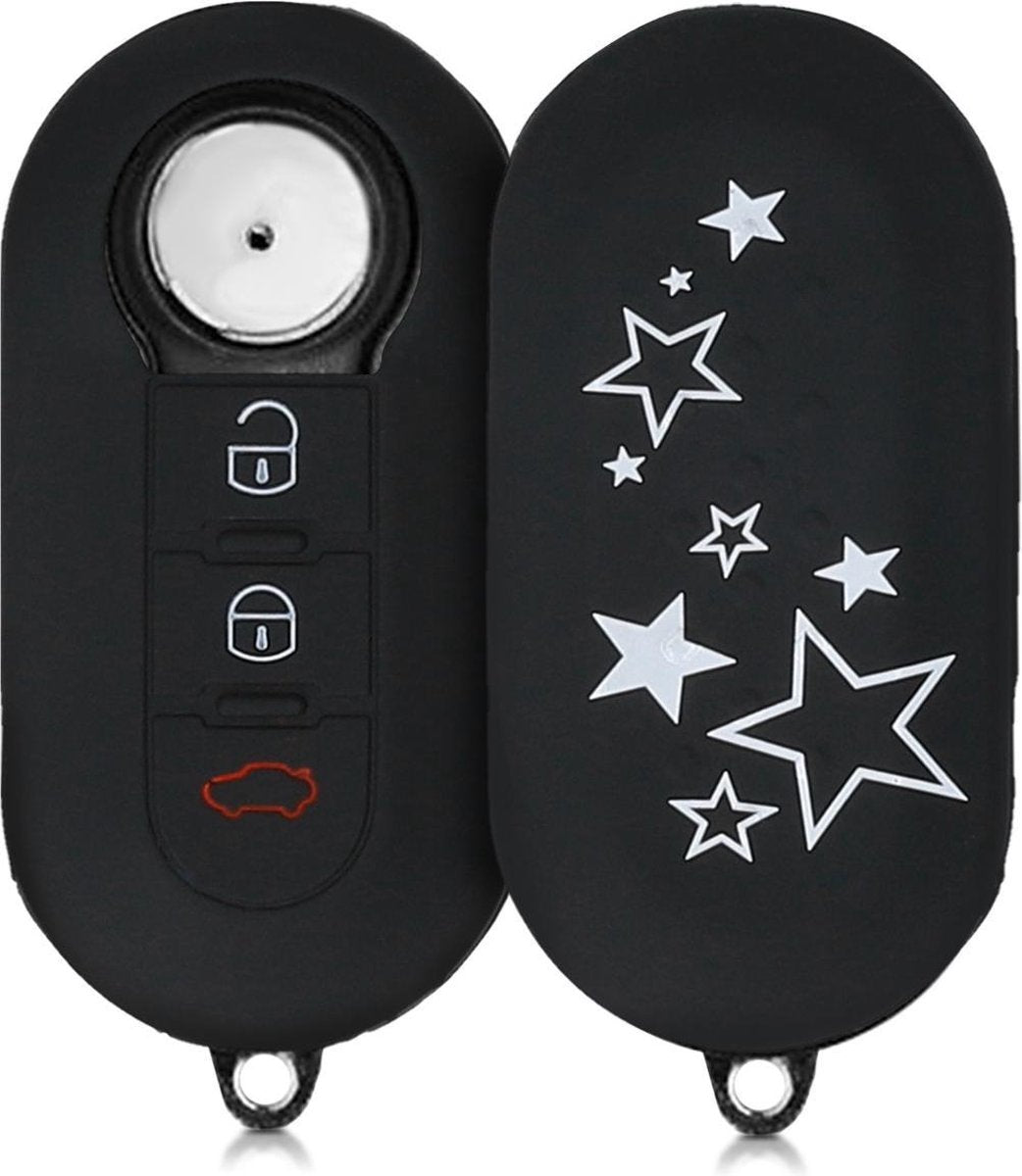 kwmobile autosleutelhoes voor Fiat Lancia 3-knops inklapbare autosleutel - Siliconen beschermhoes in wit / zwart - Sterren Mix design