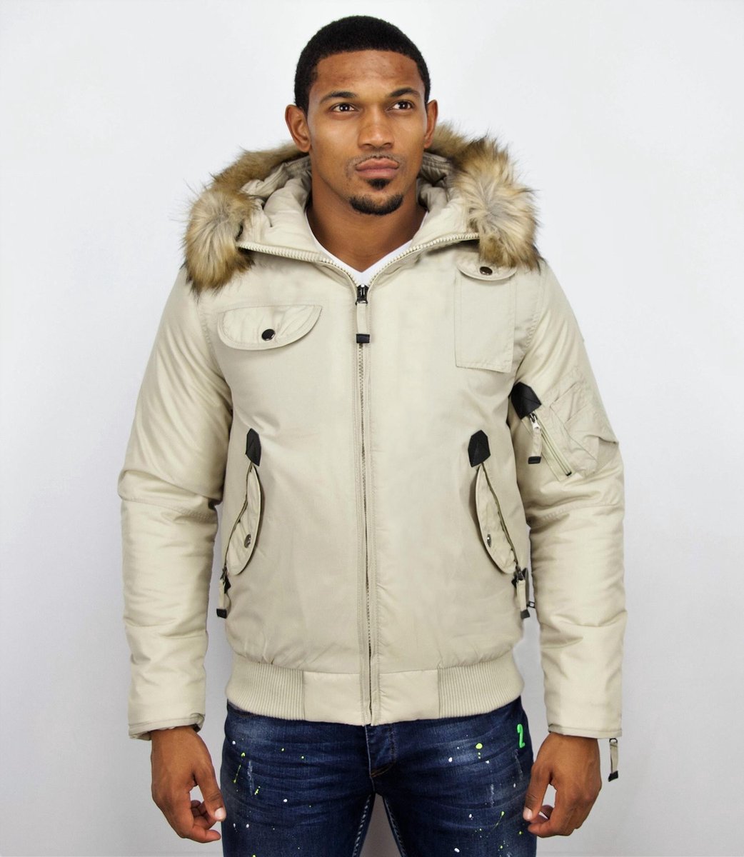 JUST KEY Korte Heren Winterjas – Met Bontkraag – Beige - Maat: L
