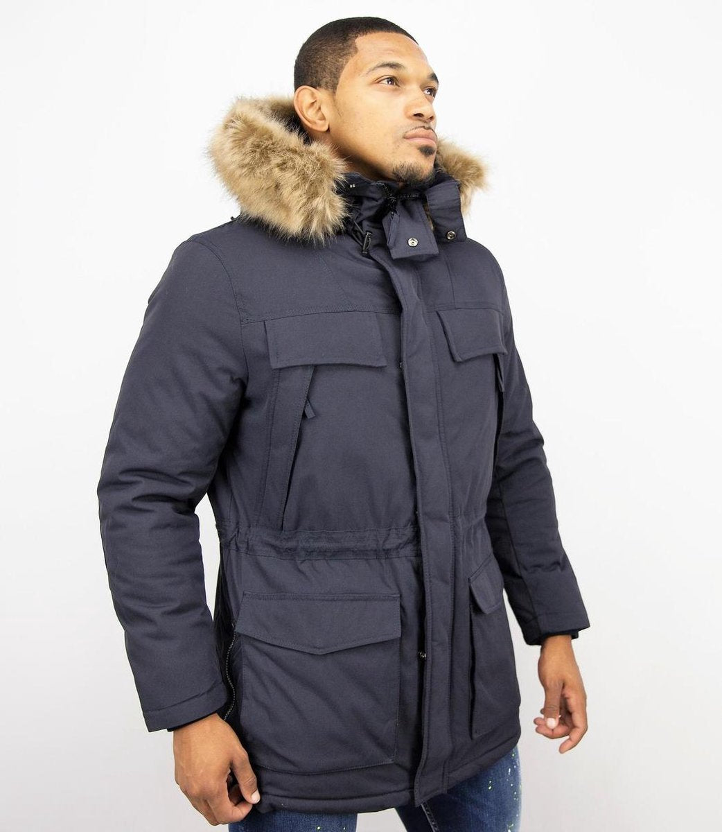 Enos Lange Heren Parka Jas - Met Faux bontkraag - Donkerblauw Heren Winterjas Heren Jas Maat L