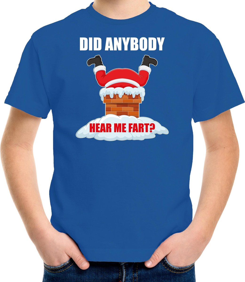 Fun Kerstshirt / Kerst t-shirt  Did anybody hear my fart blauw voor kinderen - Kerstkleding / Christmas outfit XL (164-176)