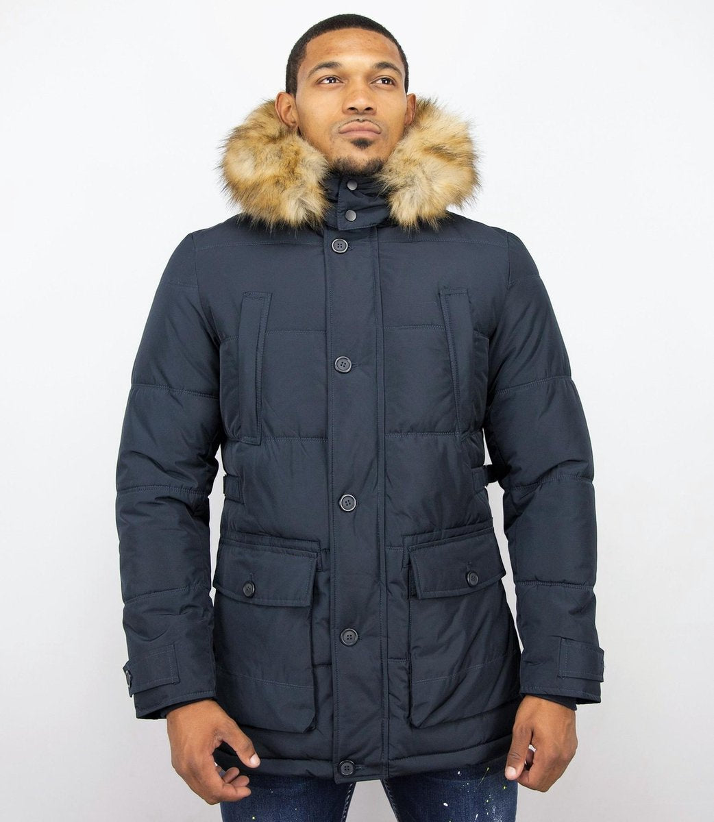 Enos Lange Heren Winterjas – Met Bontkraag – Blauw - Maat: L
