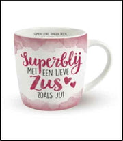 Enjoy Mok - Superblij met een lieve Zus zoals jij - Gevuld met een luxe toffeemix - In cadeauverpakking met gekleurd lint - GRATIS: zijden lint met de tekst: "Speciaal voor jou"