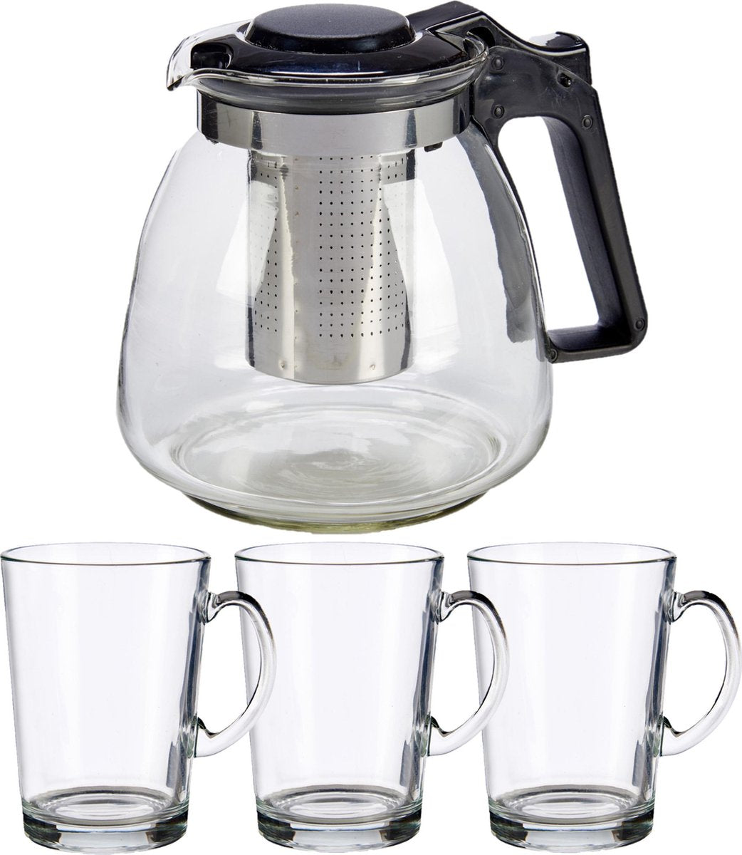 Glazen theepot met filter/infuser van 900 ml met 6x stuks theeglazen van 250 ml