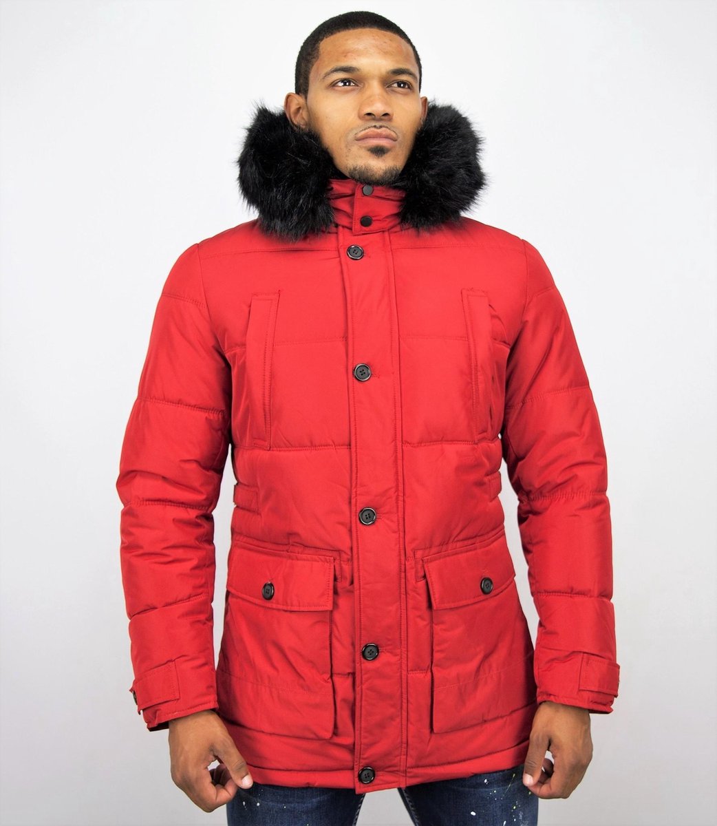 Enos Lange Heren Winterjas – Met Bontkraag – Rood - Maat: L