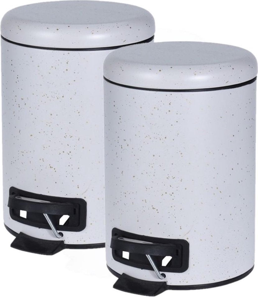 3x stuks witte vuilnisbakken/pedaalemmers met spikkels 3 liter - kleine prullenbakken