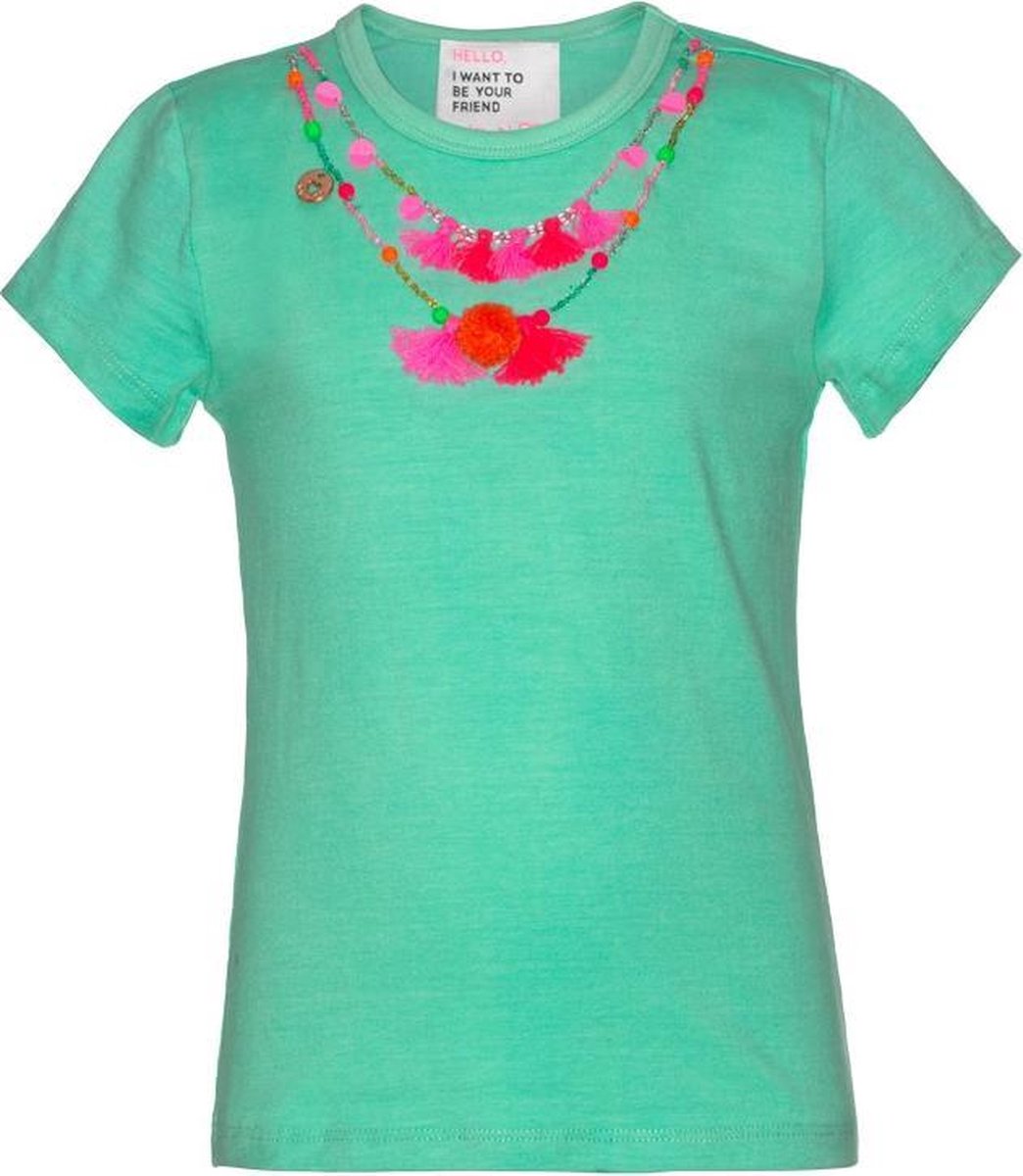 Mim Pi Mint groen meisjes T-shirt opgesierd met een ketting van pluimpjes en pompoms