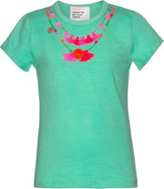 Mim Pi Mint groen meisjes T-shirt opgesierd met een ketting van pluimpjes en pompoms