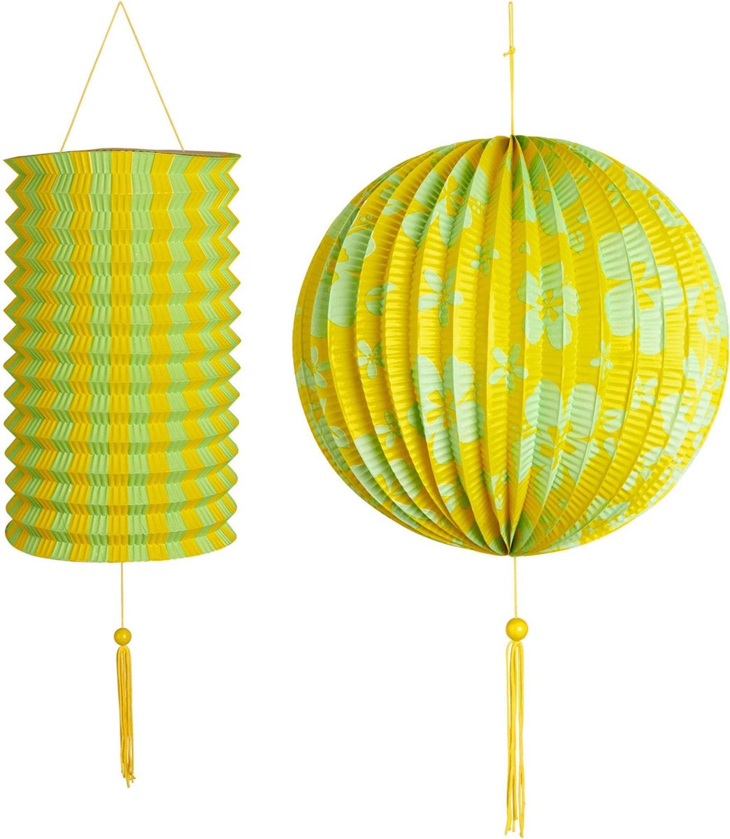 2 Hawaii lantaarns groen-geel - Feestdecoratievoorwerp