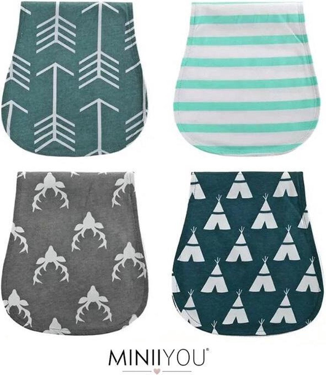 MINIIYOU® 4 stuks spuugdoeken baby unisex pijltjes | meisjes en jongens | schouderdoekje | monddoekje | 48 x 23 cm | Baby Spuugdoekjes met laagje badstof waterproof | Groen witte print | 100% katoen | Babykamer | doekje voor in de box - ledikant