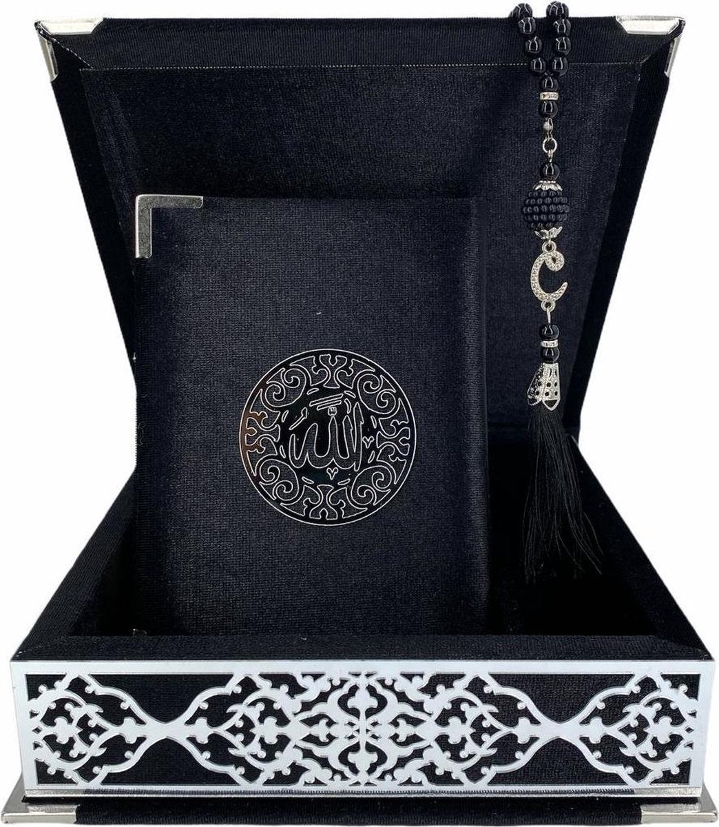 Fluwelen Koran in Doos met Tasbeeh Zwart Zilver