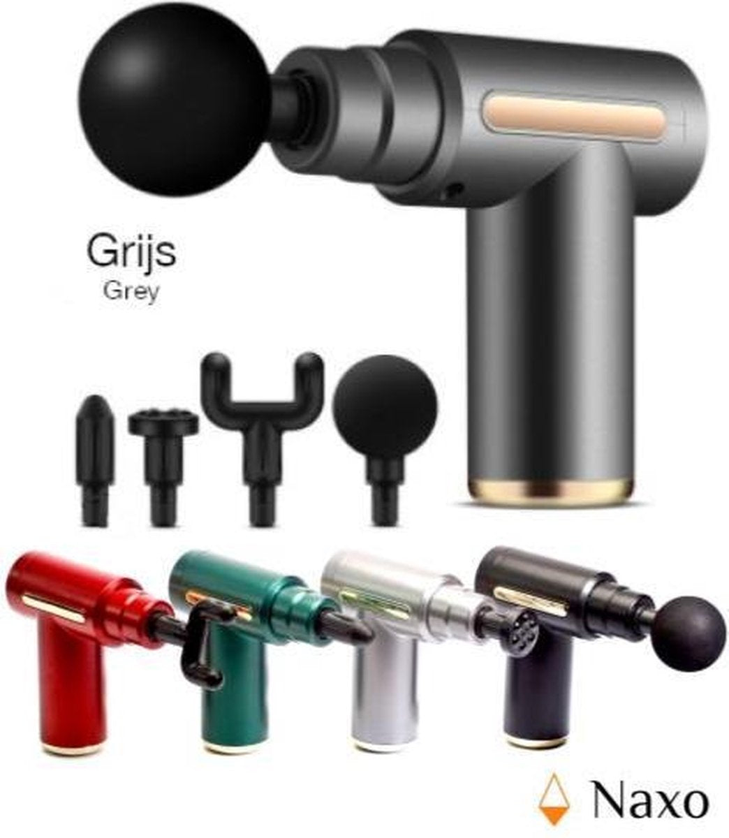 Naxo Massage Gun (Grijs) - Massage Gun - Massageapparaat - Massageapparaten - Sport & Relax Massage - Percussietherapie - Vibratiemassage - Spiermassage - Zelfmassage - Toepassende kopstukken - Incl. draagbare case - Incl. oefenprogramma