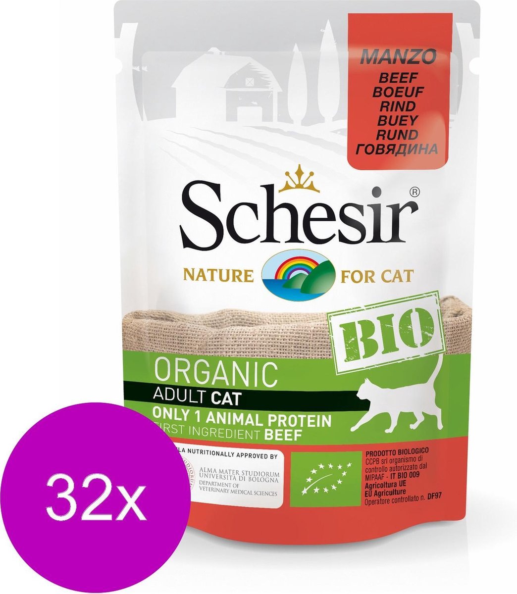 Schesir Kat Bio Pouch Paté 85 g - Kattenvoer - 32 x Rund