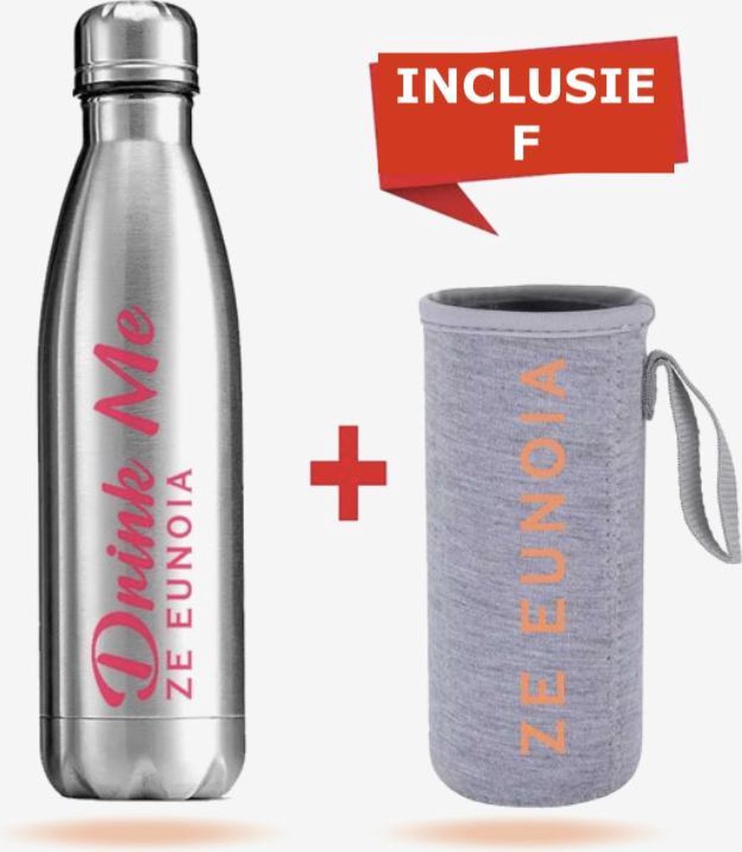 Thermosfles in Roestvrij Staal RVS Drinkfles - 500ML - Inclusief Drinkfles Houder - Grijs - Ze Eunoia®