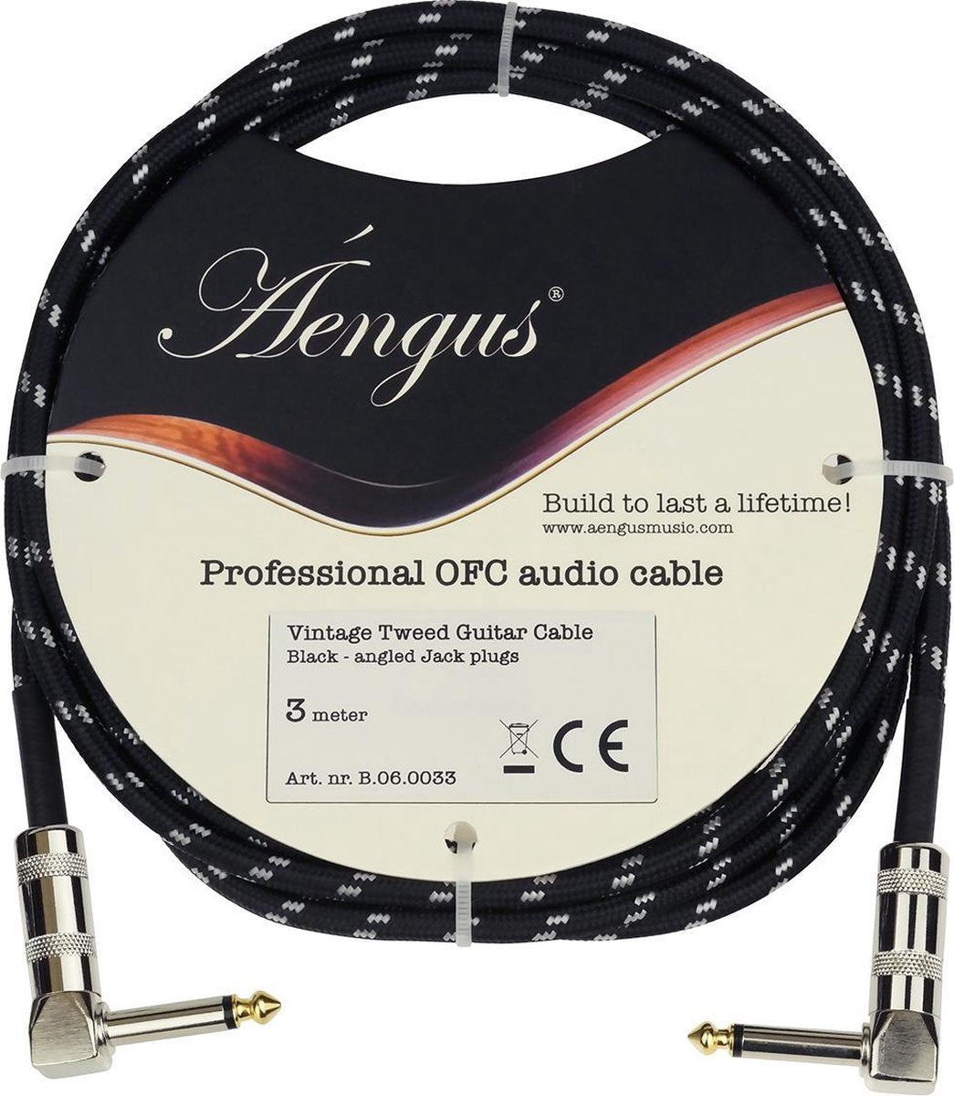 Áengus Black Tweed Gitaarkabel - instrumentkabel 3 meter - 6.35mm mono jack plug haaks/haaks - zwart