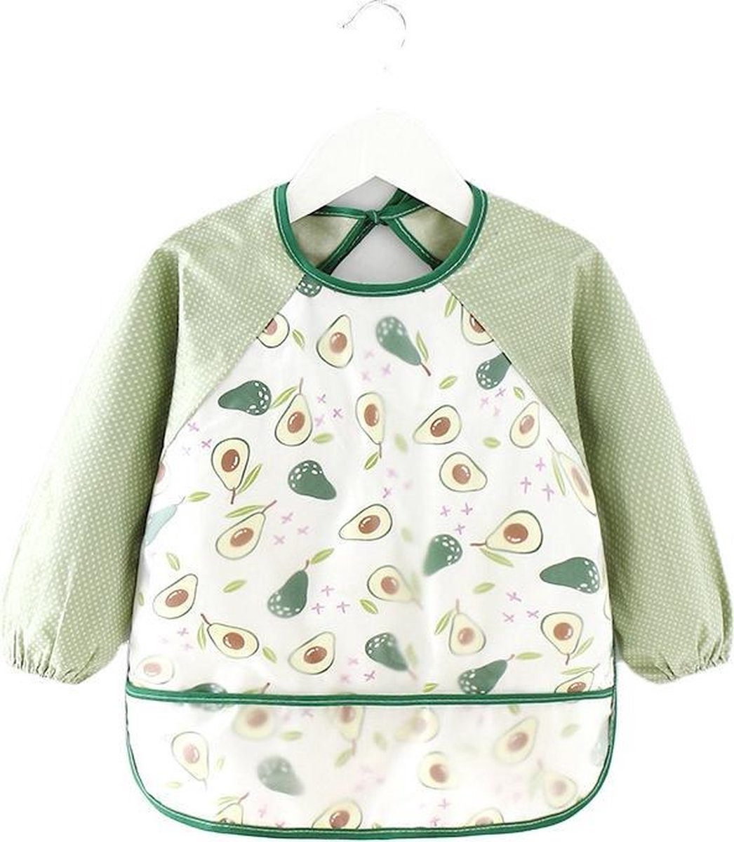 Slabbetje lange mouwen met brede opvangbak meisjes - jongens - avocado - peer - waterproof - Katoenen mouwen met kunststof voorzijde - Lange mouwen slabber