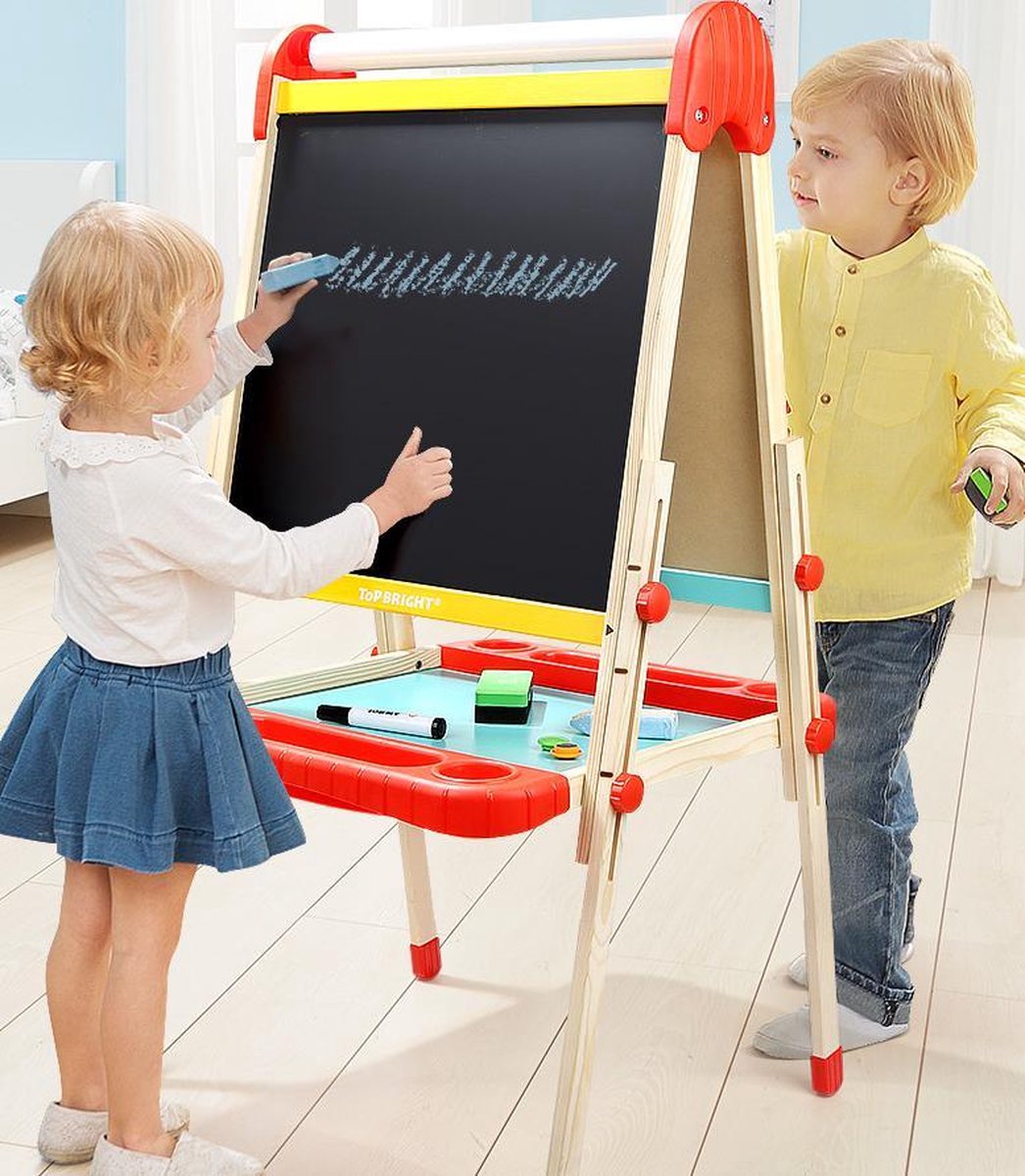 Topbright Dubbelzijdig tekenbord met accessoires - Hoogte verstelbaar - Schoolbord - Krijtbord - Tekenbord met een magnetisch krijtbord en een magnetisch whiteboard