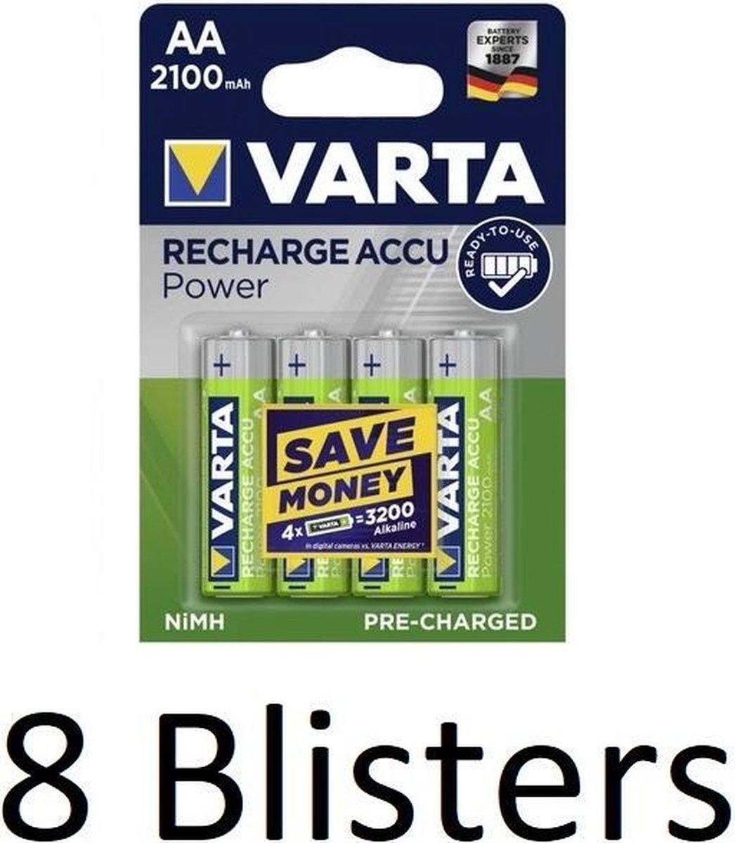 32 Stuks (8 Blisters a 4 st) Varta Oplaadbare Batterij Recharge Accu Power AA 2100mAh
