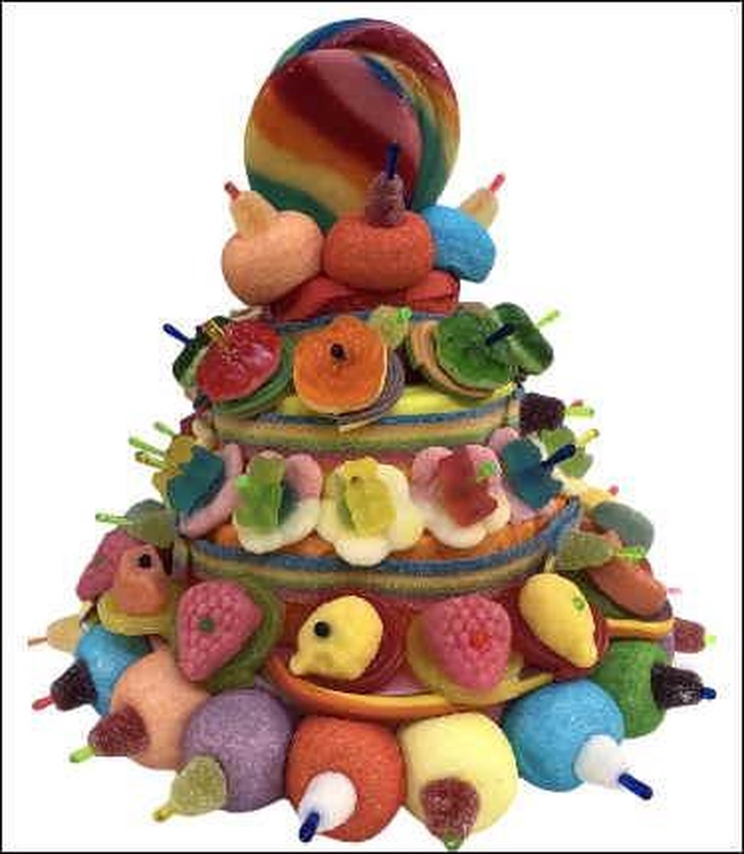 Verjaardag - Kinderfeest - Snoeptaart - Fleurige kleuren - In cadeauverpakking met gekleurd lint