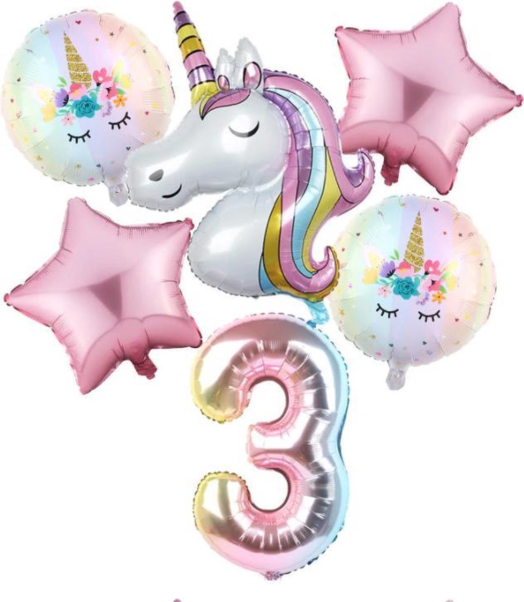 Set van 6 Stuks Unicorn / Eenhoorn ballonnen Verjaardagsfeestje Decoraties ( 3 jaar)