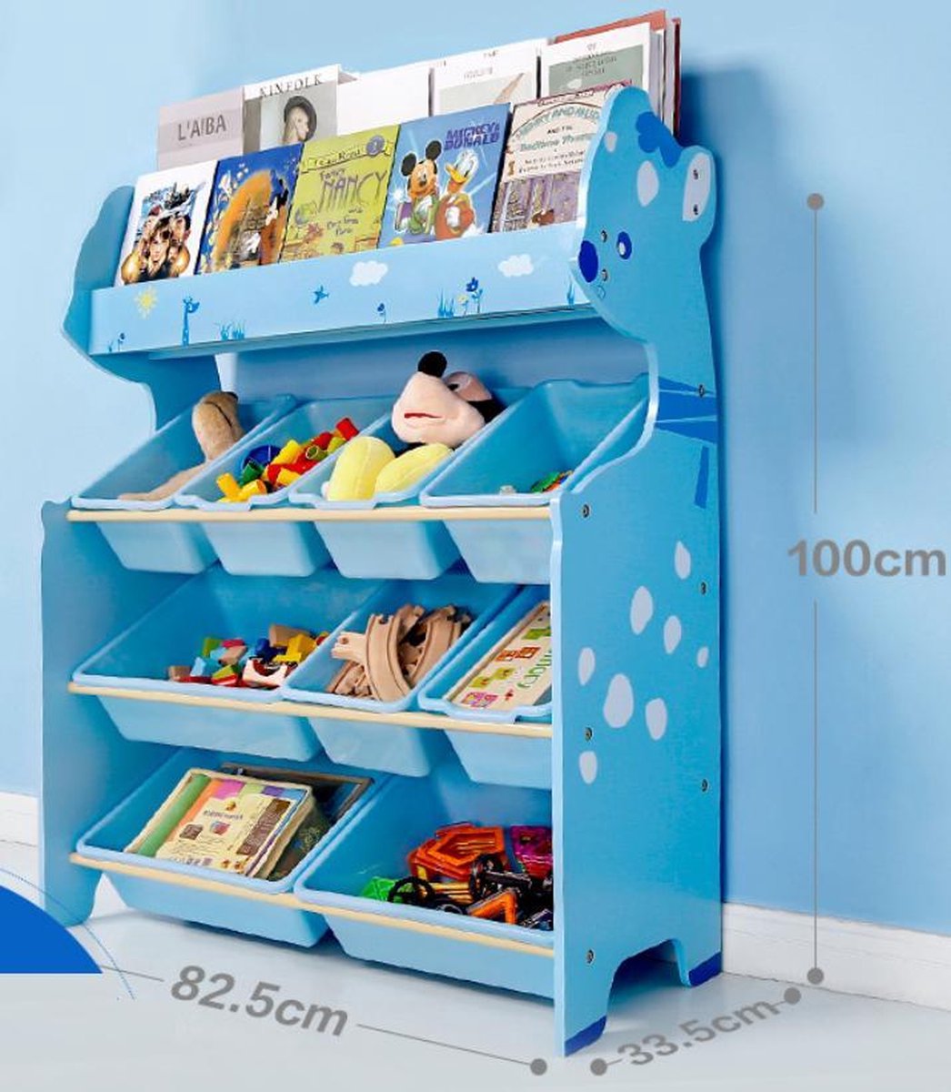 Onshine 3-laags Kast met 9 Opslagbakken & Boekenplank - Blauw Reekalf - Opbergkast - Speelgoedrek - Opbergrek kinderen - Speelgoedboxen - Opbergmeubel - Kast voor kinderkamer - Kinderkast - Organizer - Speelgoedkast - Meubels voor kinderkamer