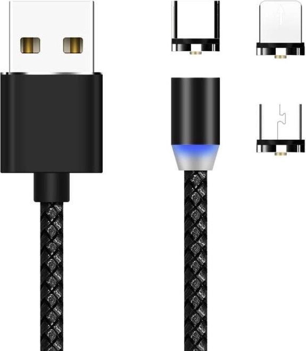 3-in-1 Magnetische Oplaadkabel - Magneet met Lightning /Micro-USB/USB-C adapter - 360 graden Zwart - Geschikt voor Apple iPhone
