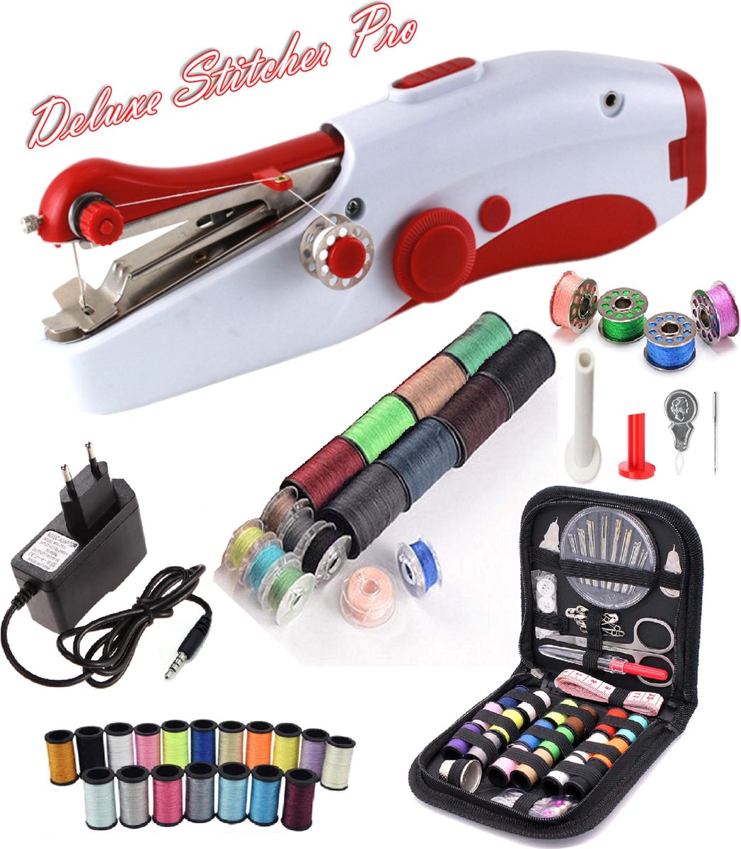 Deluxe Stitcher Pro - PREMIUM Handnaaimachine met Adapter en 96 Delige Starterskit - Mini naaimachine - Compact - Draadloos - Draagbare Reis Hand Naaimachine - Incl. 38 spoelen met garen - Elektrisch of op Batterijen