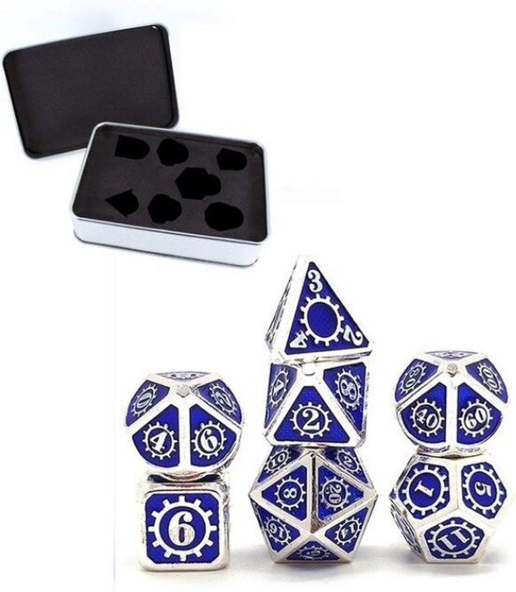 Metal Polydice set Steampunk - Metalen Polyhedral dobbelstenen set 8 delig | Set van 7 dice in metalen doosje / metal case | dungeons and dragons dice | D&D Pathfinder RPG DnD | Zilver -Blauw (Metaal)
