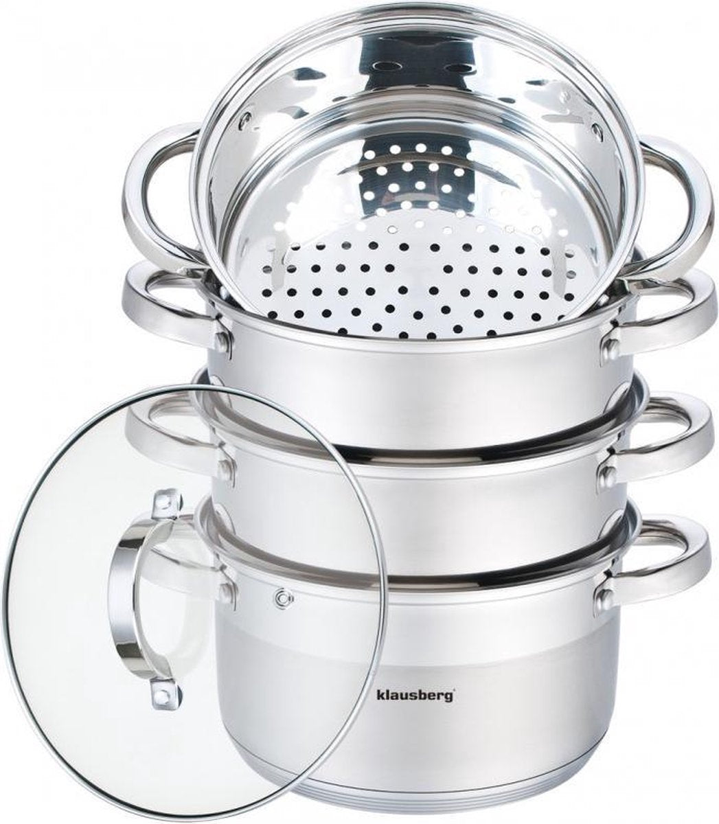 Klausberg Stoompan - Rijst- en Groentestomer 5-Delig - Ø 18 cm - Roestvrijstaal Met Glasdeksel 2.5L