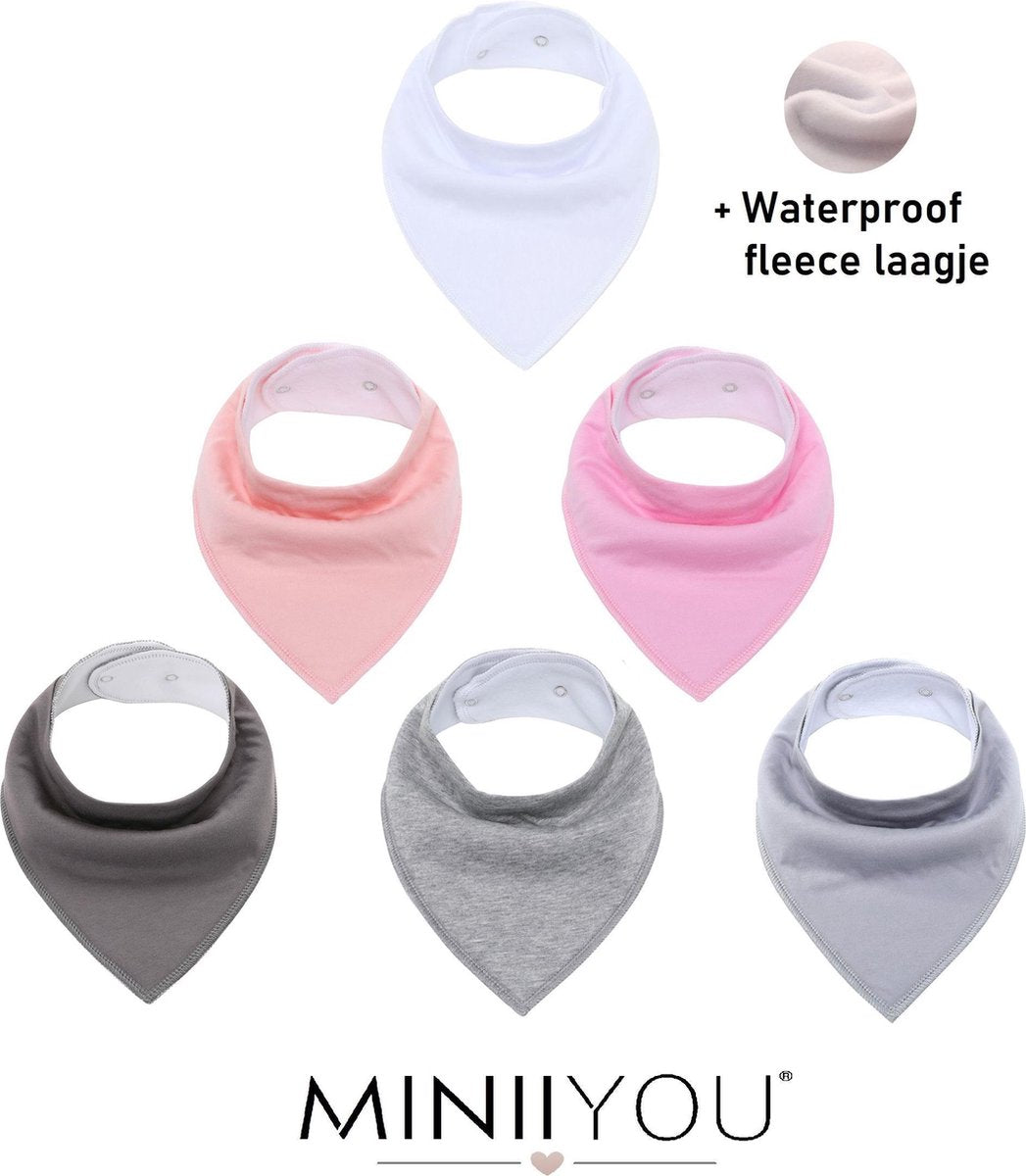 MINIIYOU® Set van 6 stuks | Bandana kwijl Slabbetjes meisjes roze grijze set | WATERPROOF fleece laag achterzijde | Baby en peuter slab | puntslab | Stoere Puntsjaaltjes | Slabber Verstelbaar in 2 maten | katoen | Groot formaat