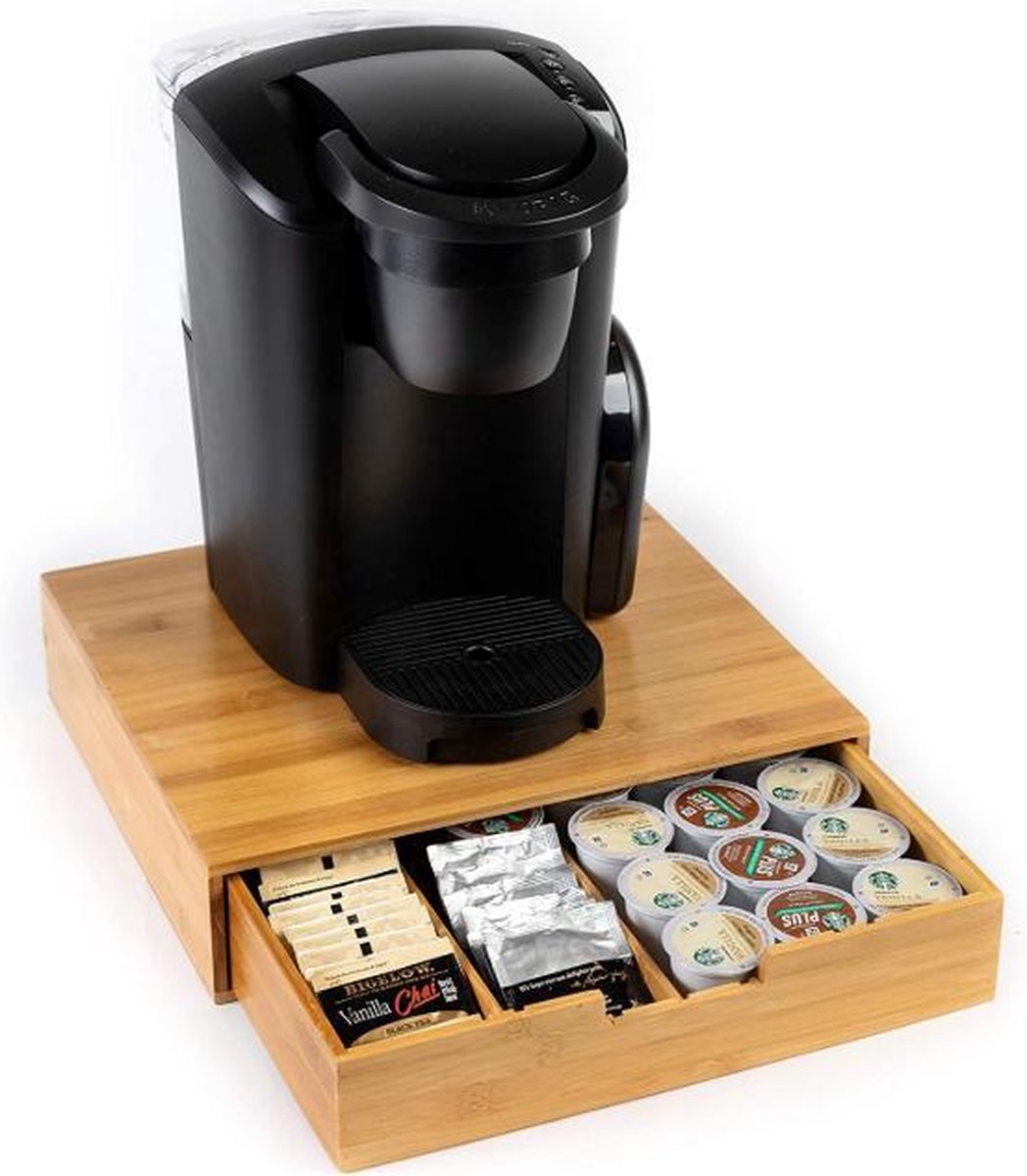 Premium Bamboe Koffie Capsulehouder -5 rijen- Koffie CupHouder - Koffiepads - Koffiezetapparaat stand met Lade- Koffiecups houder – Theedoos - Dolce Gusto - Nespresso- Vertuo - L’Or - 35 Capsules Organizer