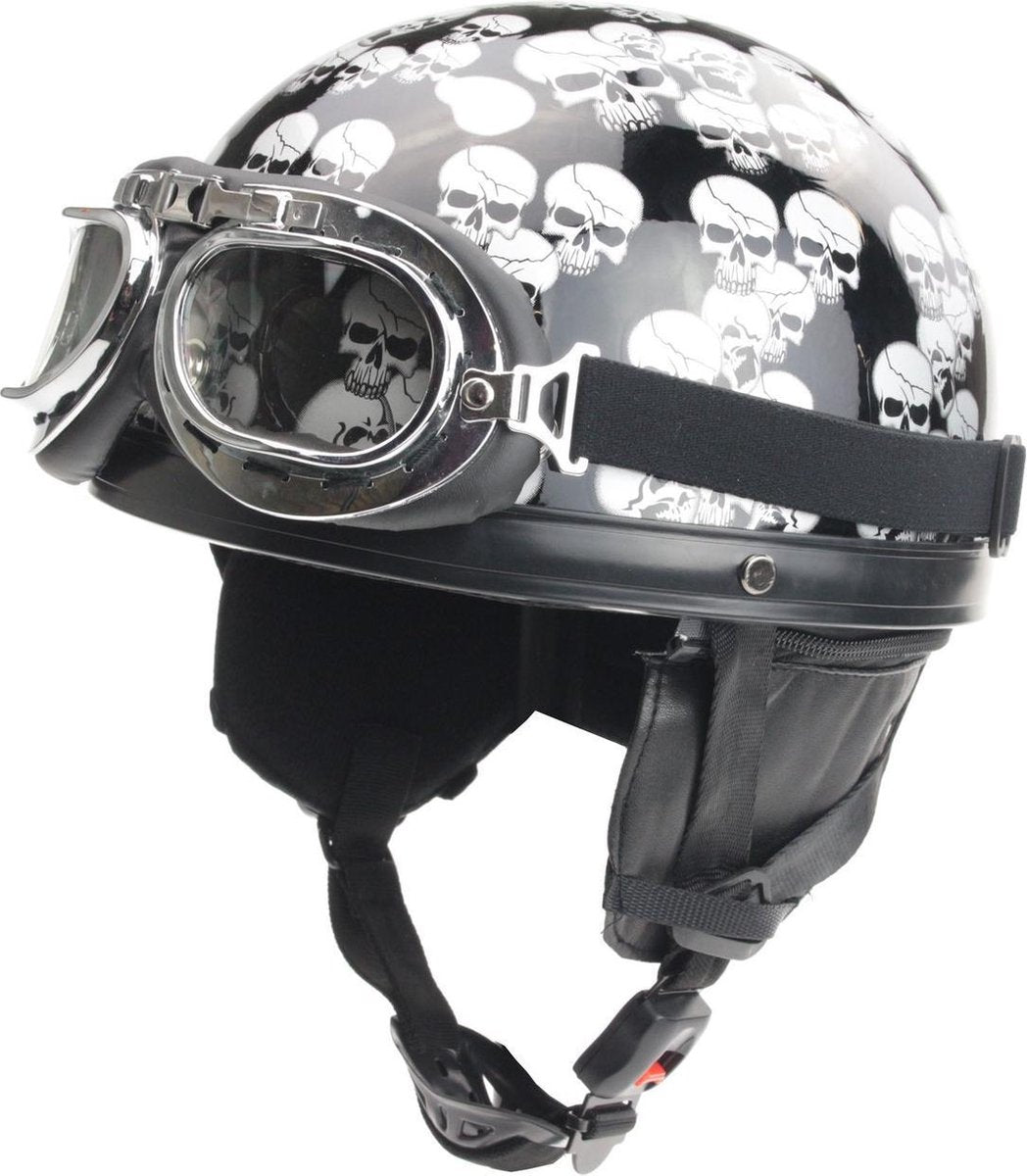 Chopper pothelm glans zwarte doodskop + chrome motorbril