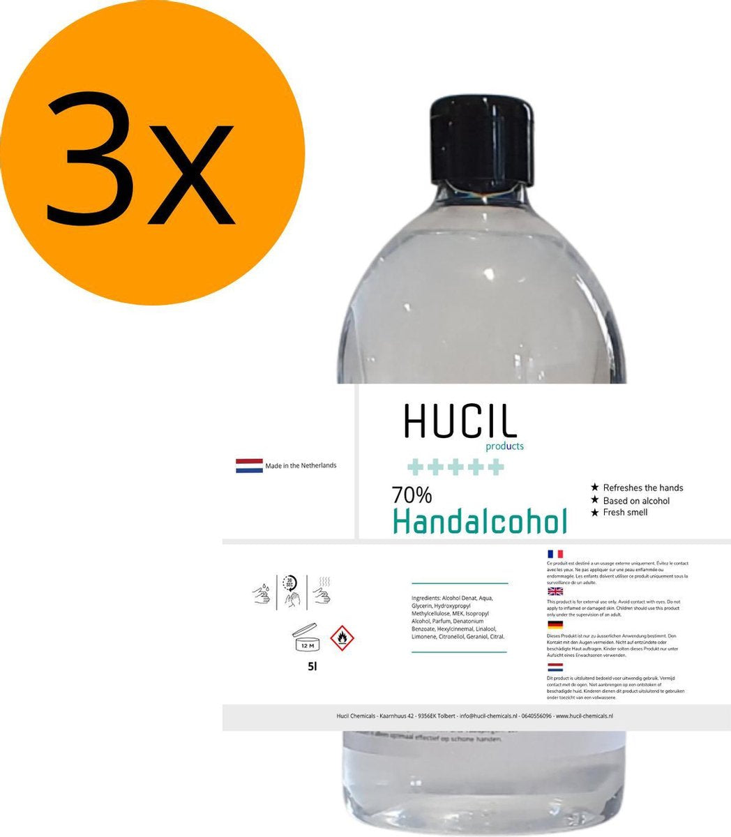 Handalcohol 70% - 3x1 liter - hand sanitizer - vloeibare hand alcohol - voor spray dispensers - dunne vloeistof - handgel- 3x 1000 ml