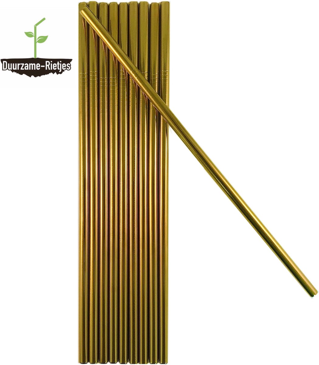 Roestvrijstalen rietjes  goud | 20 st. recht | RVS rietjes | Herbruikbare rietjes | Metalen rietjes | Plastic vervanger | Duurzame Rietjes | Gratis verzending | Incl. schoonmaakborstels | Gekleurde rietjes | Gouden rietjes