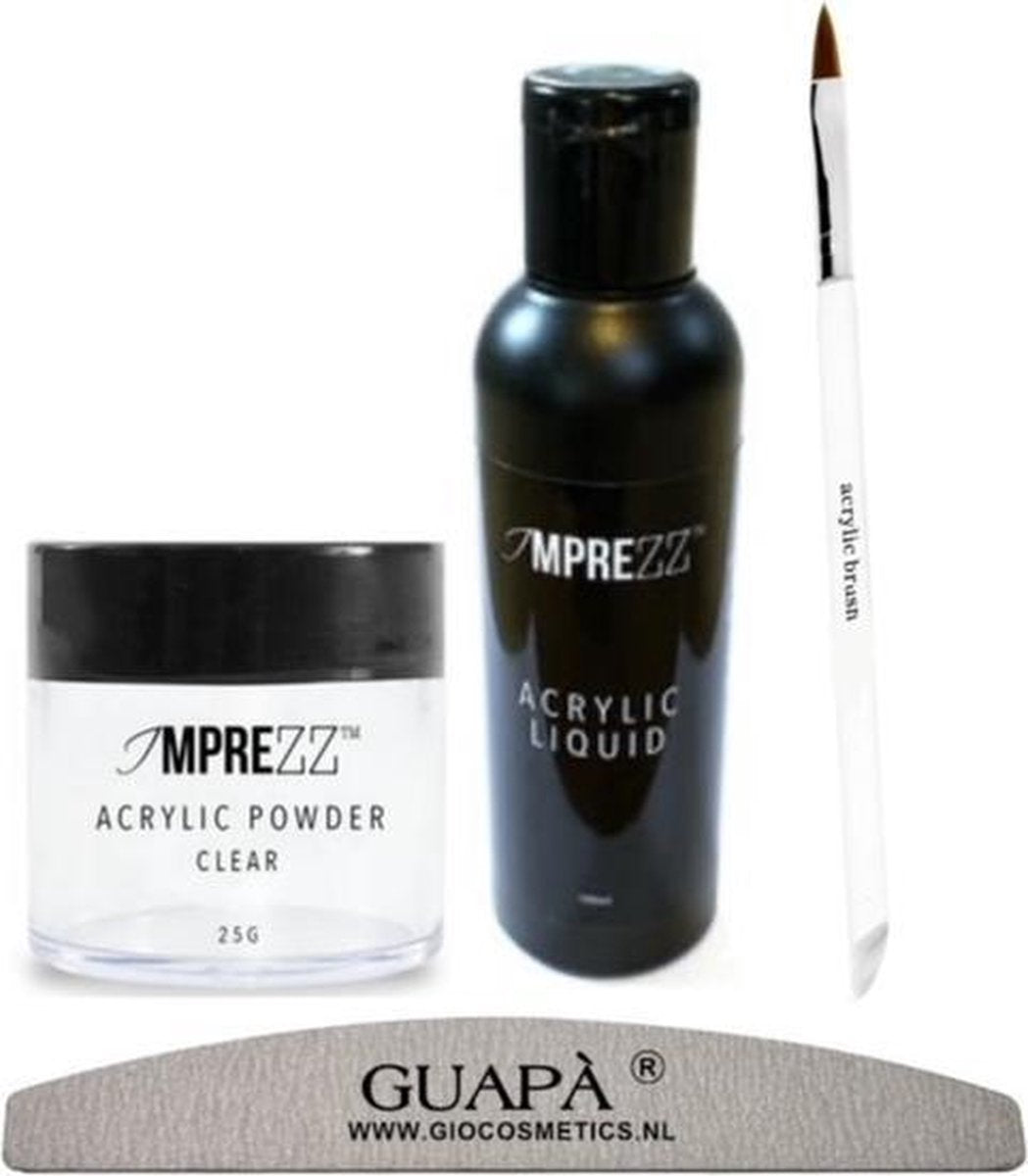 GUAPÀ - Acryl Starterspakket Nagels Easy - Acryl Penseel / Acryl Vloeistof / Acryl Poeder Clear / Nagel Moon Vijl