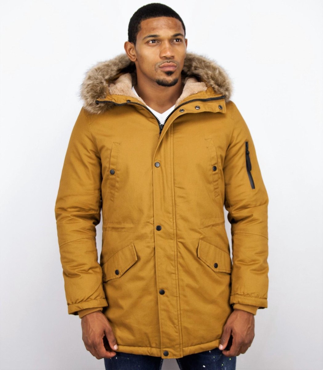 Enos Lange Heren Winterjas – Met Faux Bontkraag– Geel Heren Winterjas Heren Jas Maat XL
