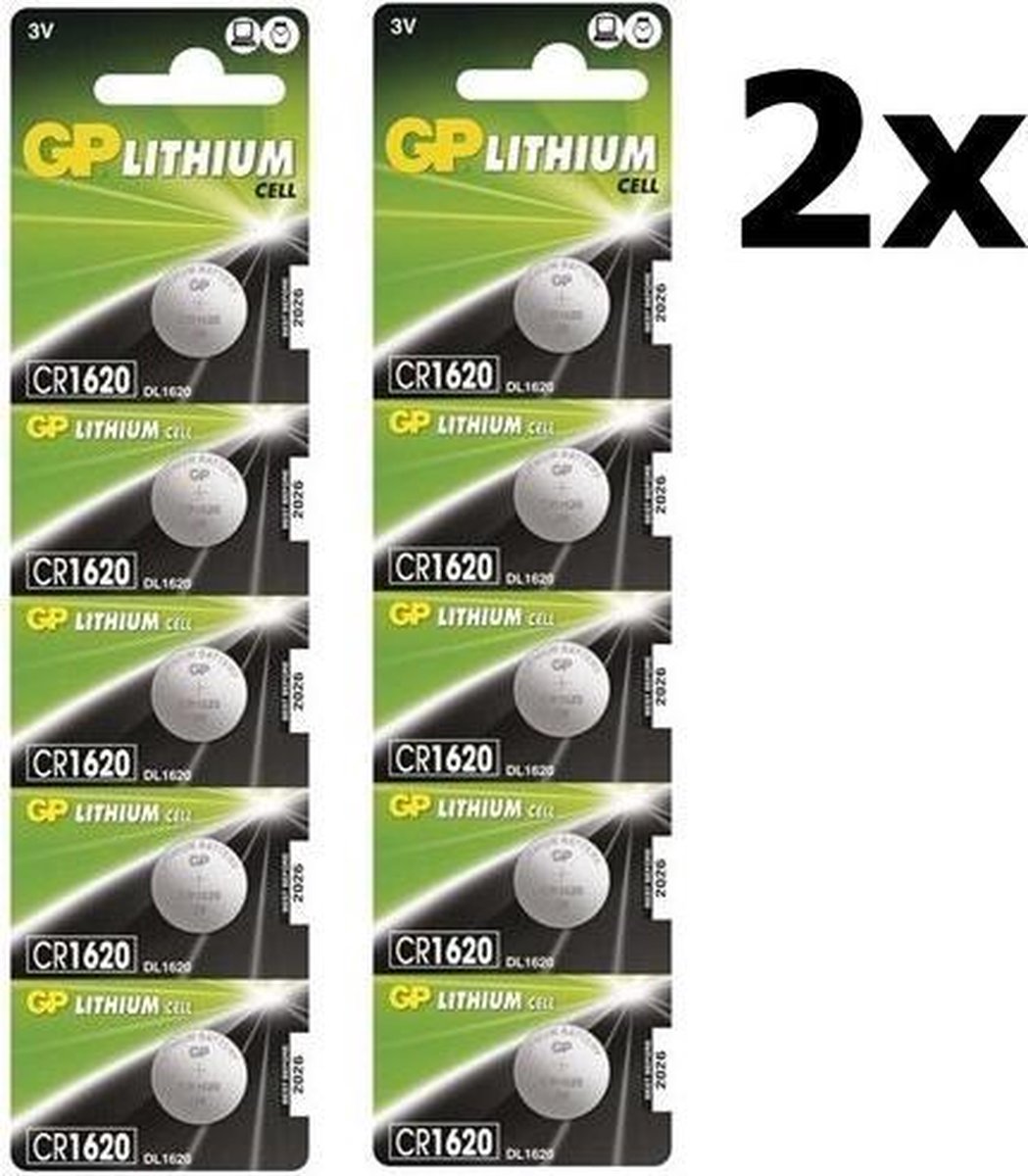 10 Stuks (2 Blister a 5st) GP CR1620 3v lithium knoopcelbatterij