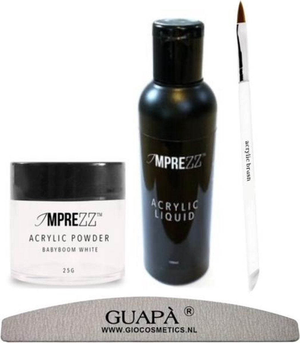 GUAPÀ - Acryl Starterspakket Nagels Easy -  Acryl Penseel / Acryl Vloeistof / Acryl Poeder BABYBOOM WHITE / Nagel Moon Vijl