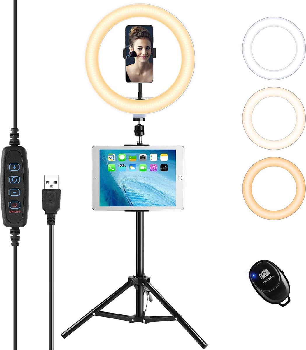 Elegiant EGL06 - 134 cm Ringlicht met afstandsbediening en statief - 134 cm statief - voor tablet / mobiel - Bluetooth-afstandsbediening - 3 lichtmodi + 10 helderheidsniveaus