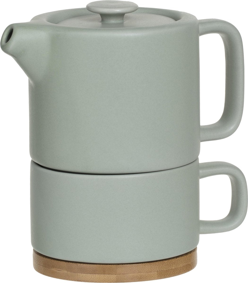 3 IN 1 THEEPOT + KOPJE + ONDERZETTER KERAMIEK MINT GROEN