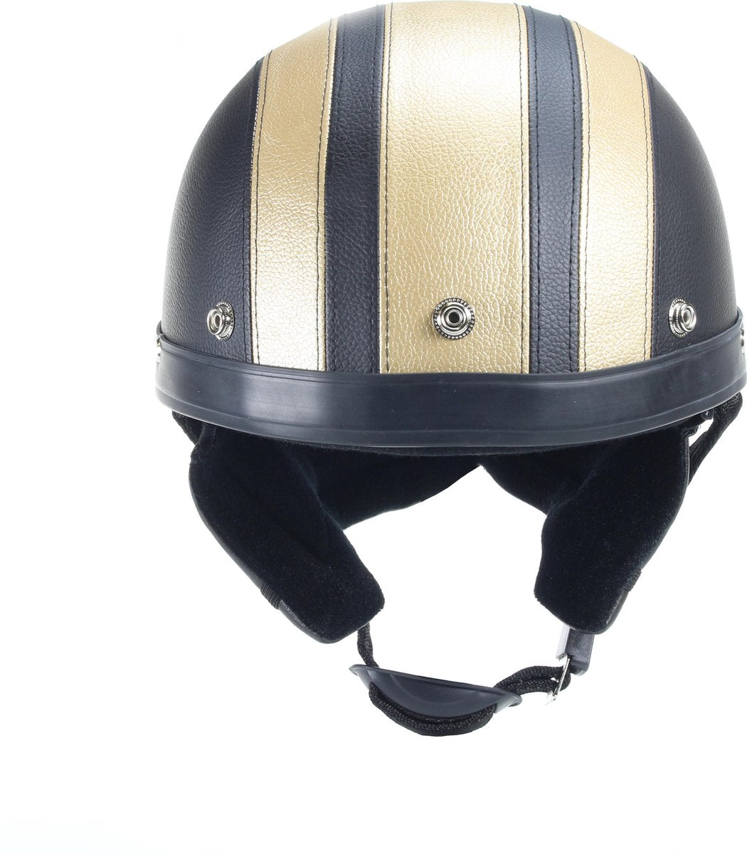 Vintage zwart - goud leren pothelm + chrome motorbril | motor / scooter helm | maat M/L