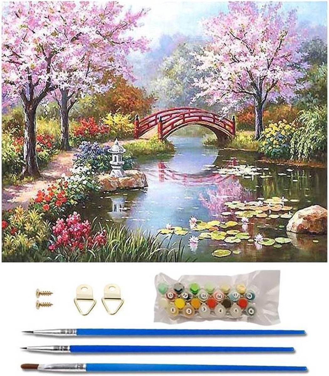 Paint By Numbers - Schilderen op Nummer - Brug in het Park - 50x40cm - Volwassenen & Kinderen - Stipco