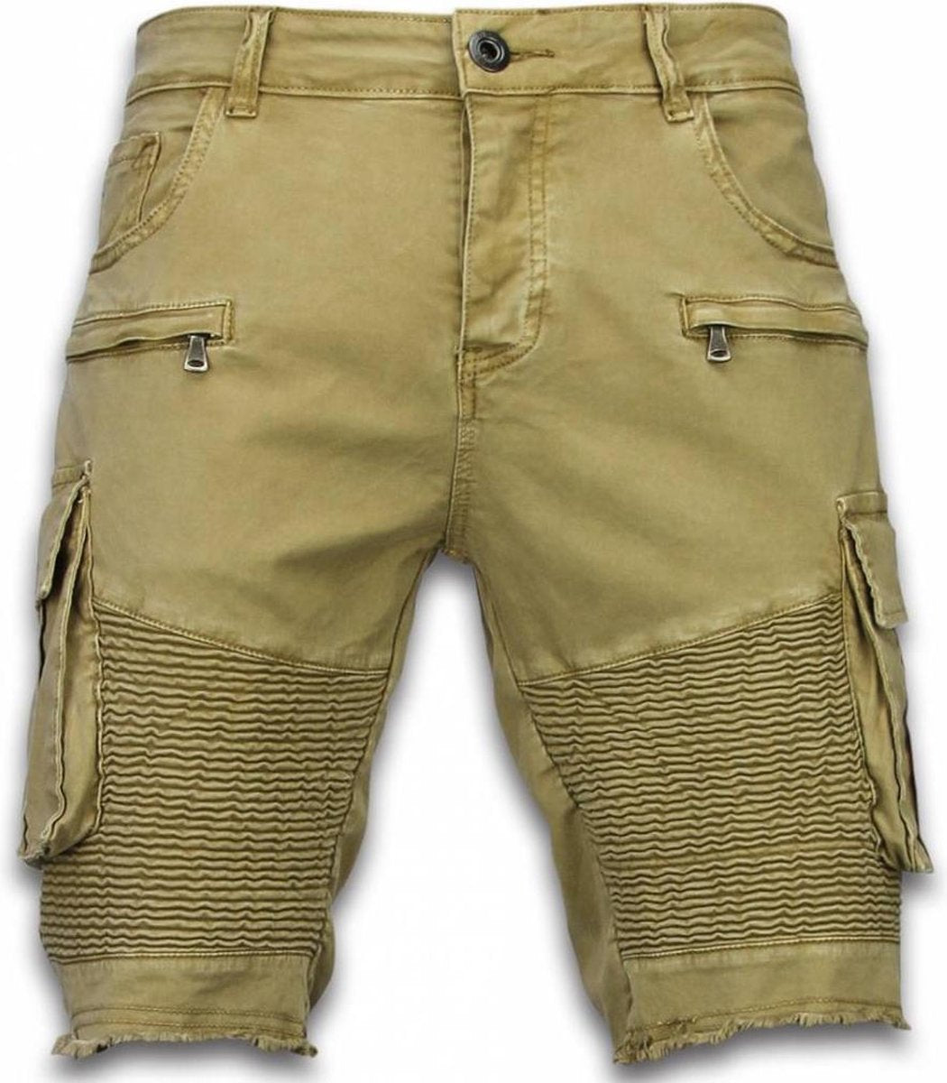 Enos Korte Broek Heren - Slim Fit Biker Pocket Jeans - Beige - Maten: 30