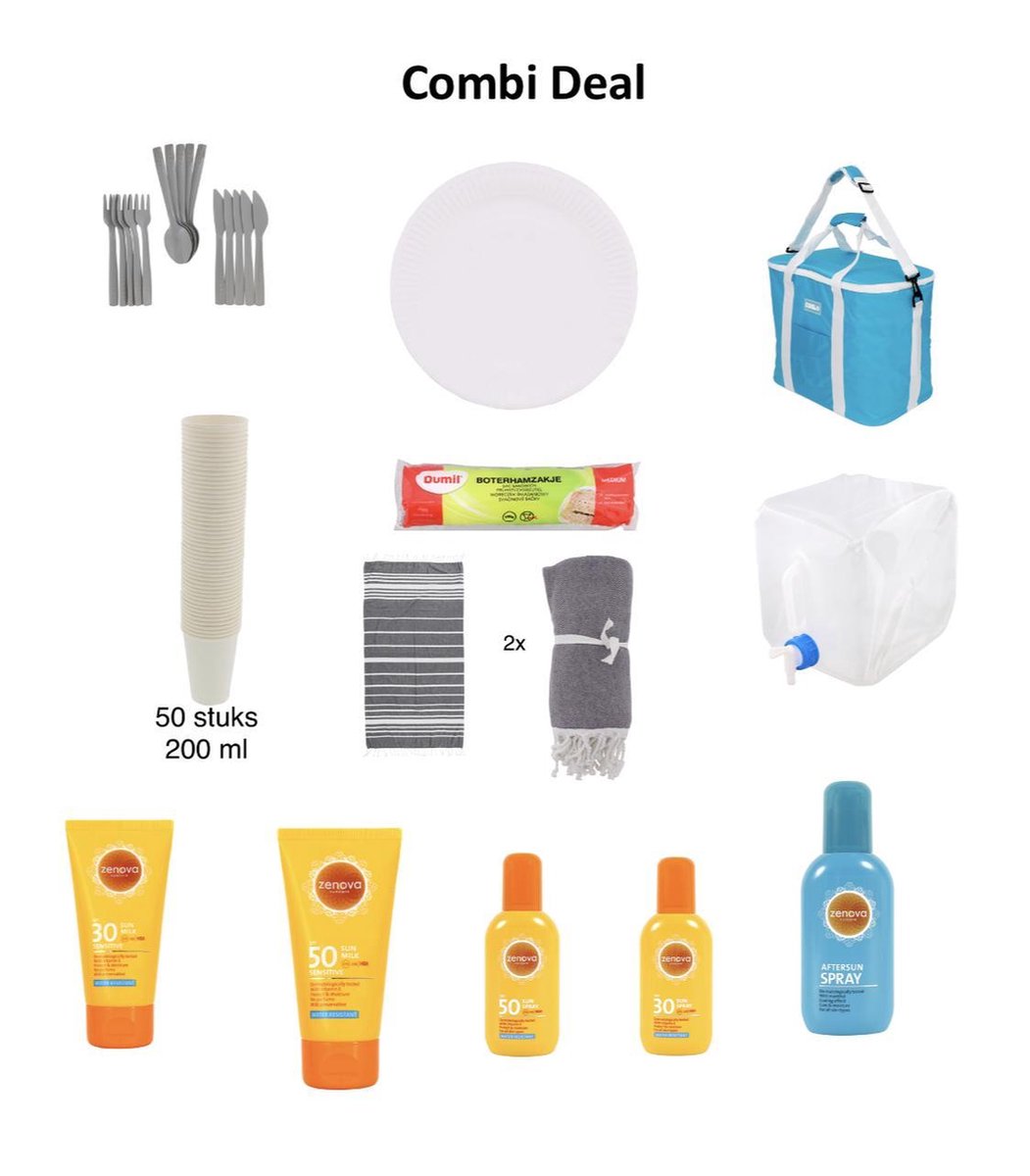 Complete strandset - combi deal - strand - zomer deal - zonnebrand - zonnespray - aftersun spray - Zenova - papieren borden / bekers - kunststof bestek - boterhamzakjes - strand laken - Froyak watertank met tap