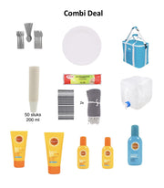 Complete strandset - combi deal - strand - zomer deal - zonnebrand - zonnespray - aftersun spray - Zenova - papieren borden / bekers - kunststof bestek - boterhamzakjes - strand laken - Froyak watertank met tap