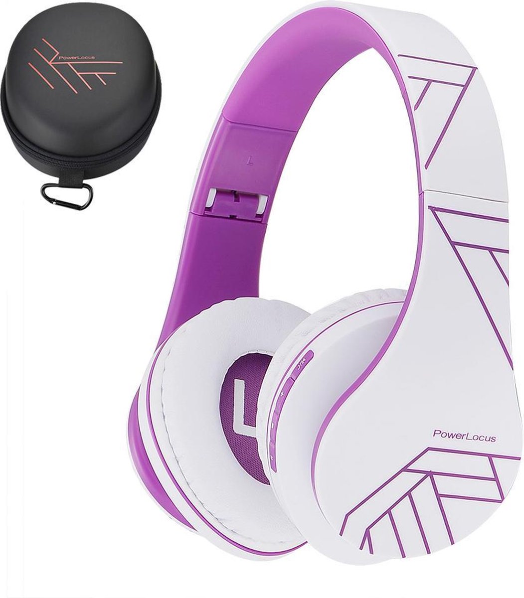 PowerLocus P2 draadloze Over-Ear Koptelefoon Inklapbaar - Bluetooth Hoofdtelefoon - Met microfoon – Wit/Purper