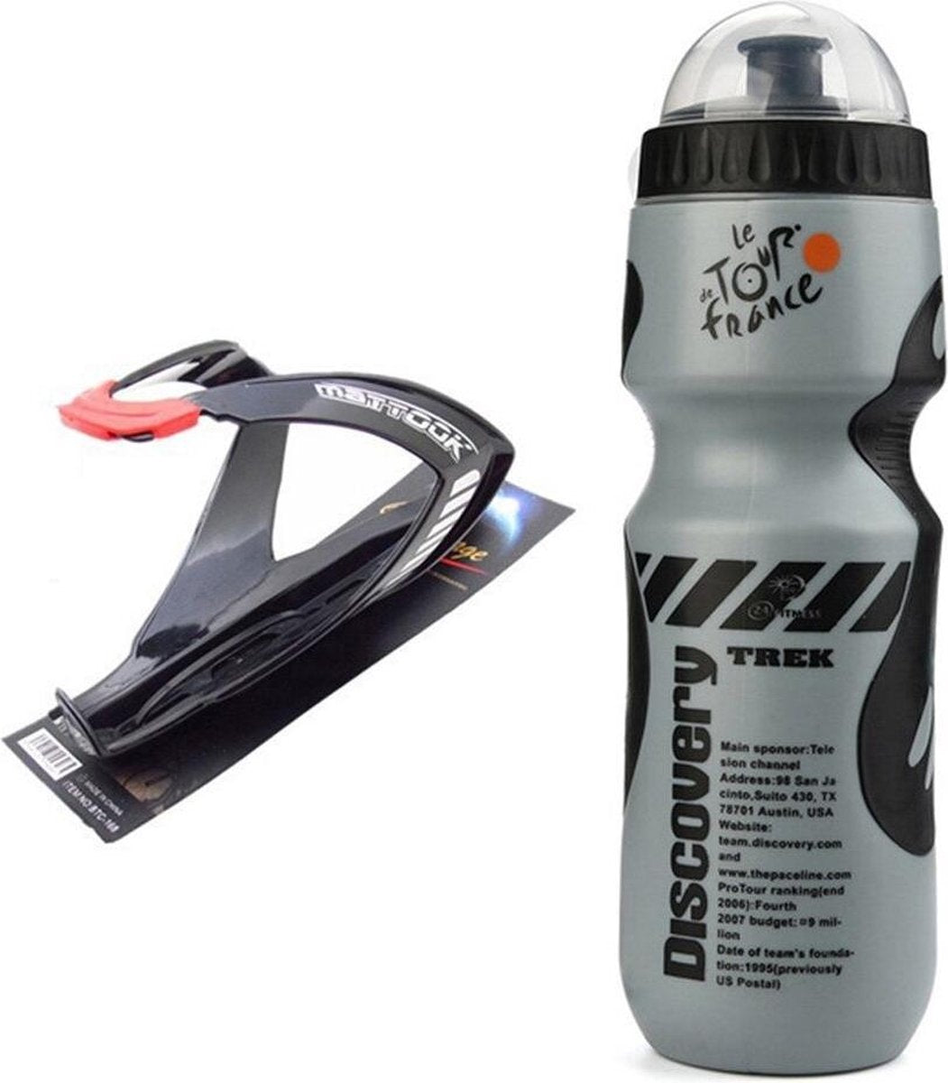 Bidon met Bidonhouder Set Fiets - Grijs-Zwart - Lichtgewicht Bidon (750 mL) + Houder - Mountainbike Fleshouder Antislip - Racefiets