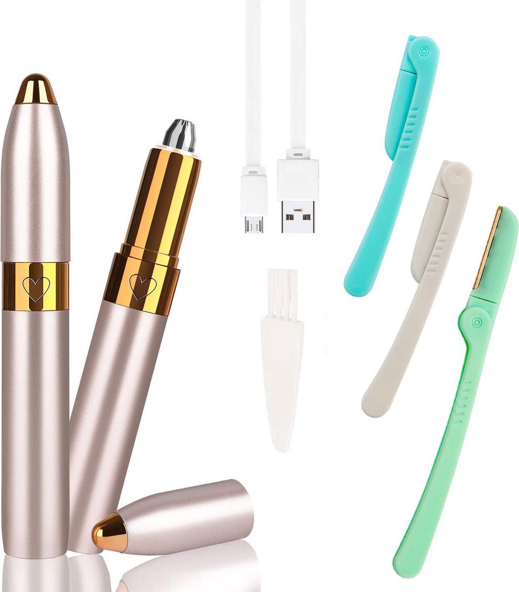 JOLTIA - Premium Wenkbrauw Trimmer + 3x Wenkbrauw Scheermesje Bundel - Precisietrimmer - Epileerapparaat Dames - Epilator - Pijnloze Gezichtsontharing - Elektrische Wenkbrauwtrimmer - Ontharingsapparaat - Dermaplaning - Eyebrow razor - USB - Rosegold